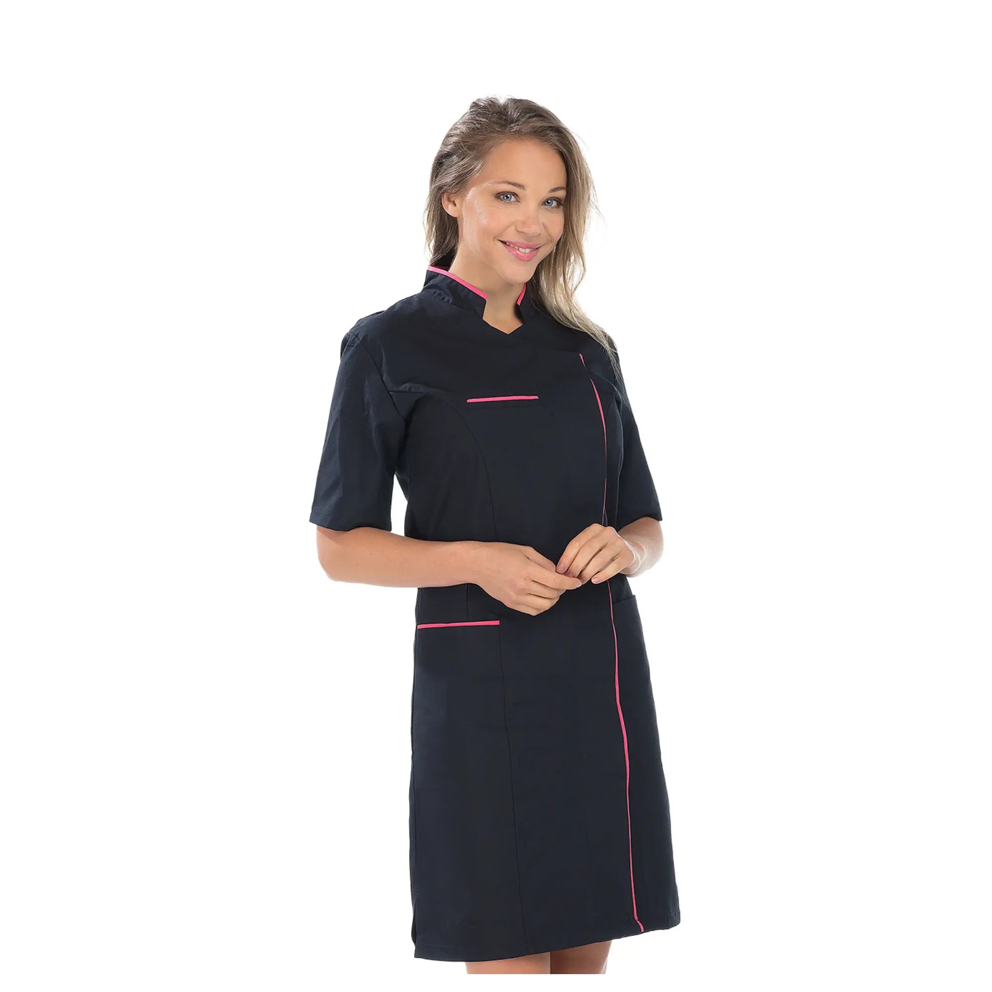 Aline - Blouse longue - Manches courtes - Femme - 100 cm My Podologie Sergé-Noir-Fuschia-T6-XXXL