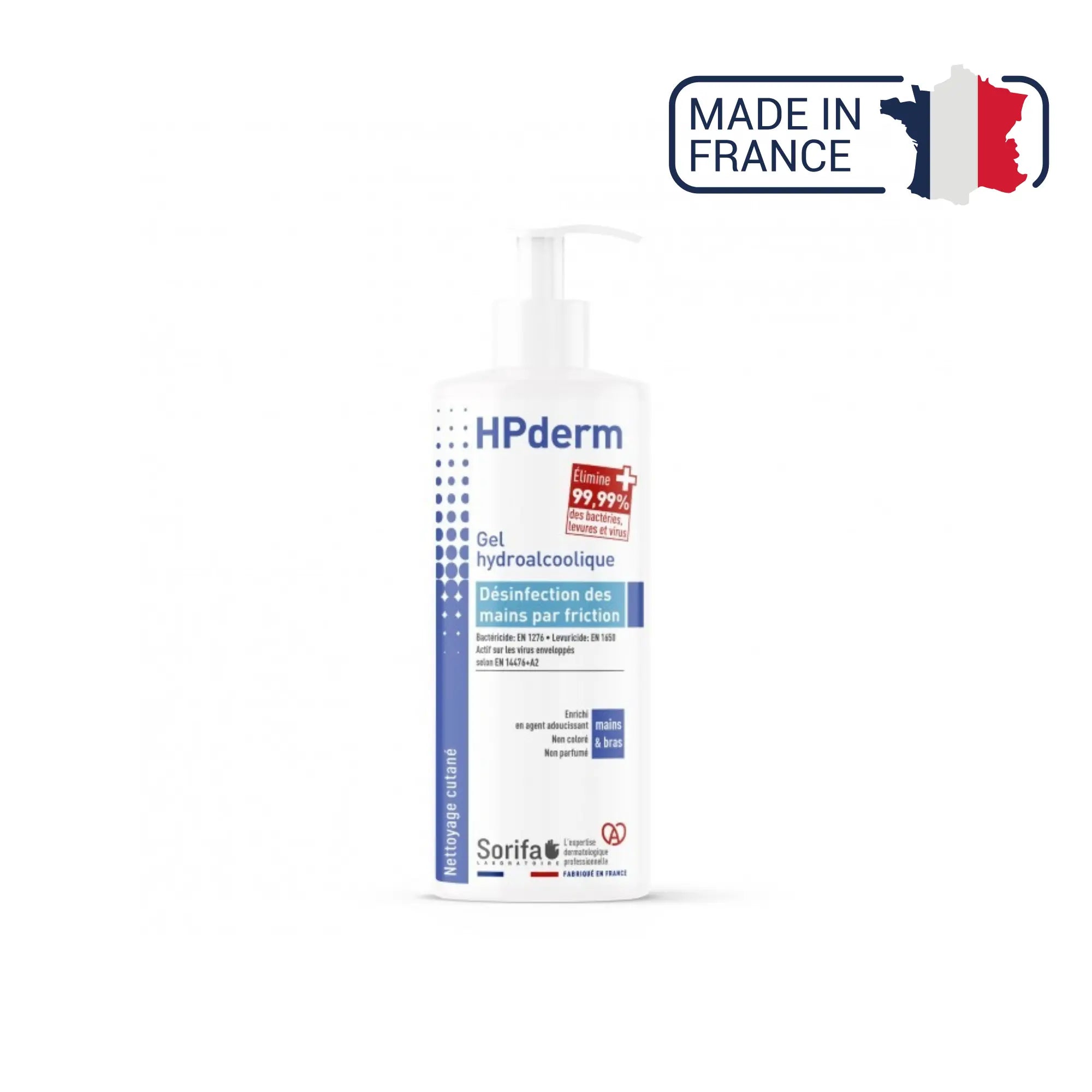 HPderm - Gel hydroalcoolique - Désinfection par friction - plusieurs contenances Laboratoire Sorifa Flacon pompe 500 ml